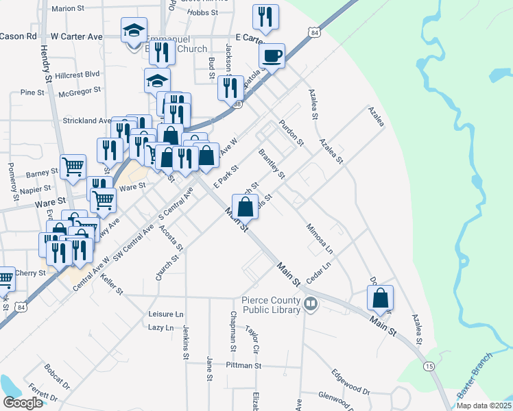 map of restaurants, bars, coffee shops, grocery stores, and more near 12 Nichols Street in Blackshear