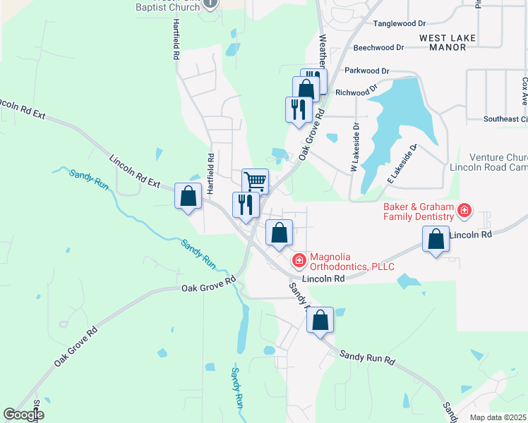 map of restaurants, bars, coffee shops, grocery stores, and more near 2772 Oak Grove Road in Hattiesburg