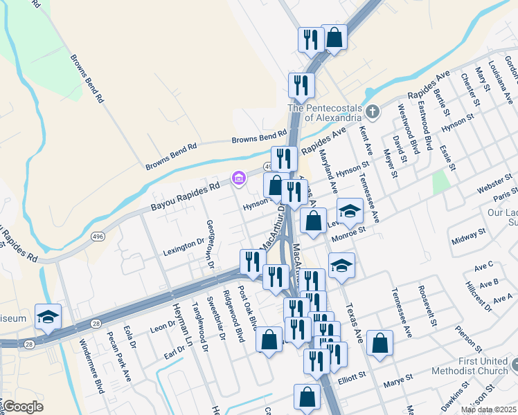 map of restaurants, bars, coffee shops, grocery stores, and more near 3528 Peach Street in Alexandria