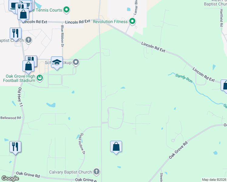 map of restaurants, bars, coffee shops, grocery stores, and more near 24 Riviera Drive in Hattiesburg