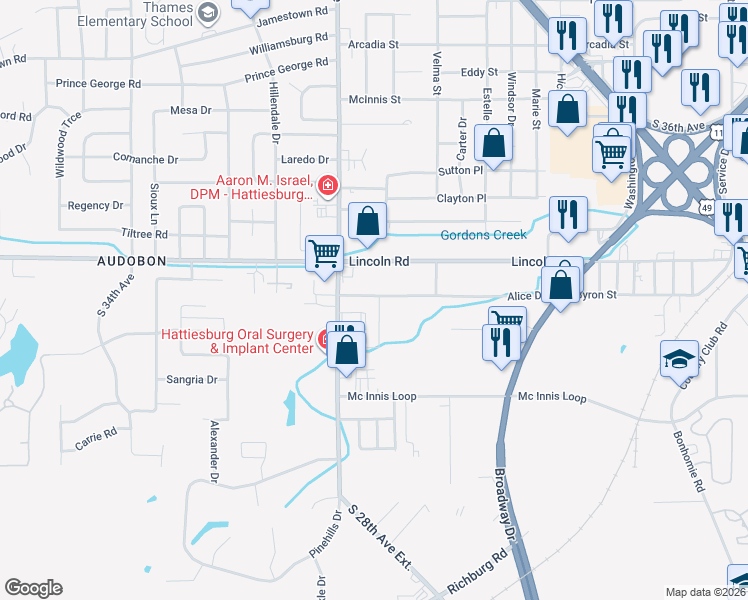 map of restaurants, bars, coffee shops, grocery stores, and more near 1407 South 26th Avenue in Hattiesburg