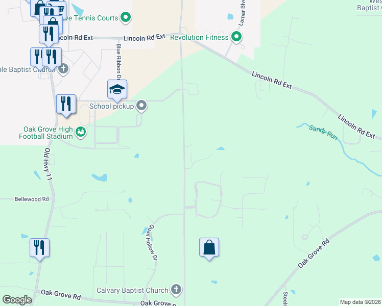 map of restaurants, bars, coffee shops, grocery stores, and more near 21 Riviera Circle in Hattiesburg