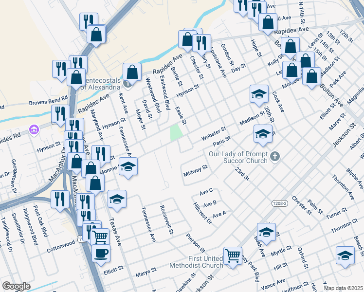 map of restaurants, bars, coffee shops, grocery stores, and more near 115 Colonial Drive in Alexandria