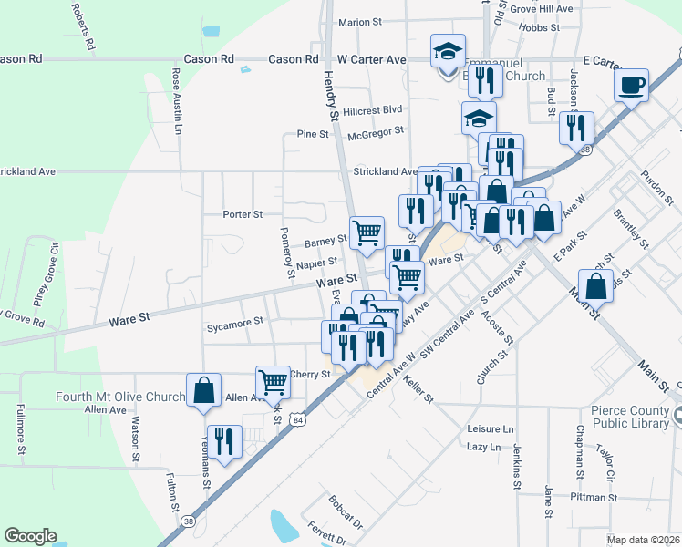 map of restaurants, bars, coffee shops, grocery stores, and more near 538 Napier Street in Blackshear