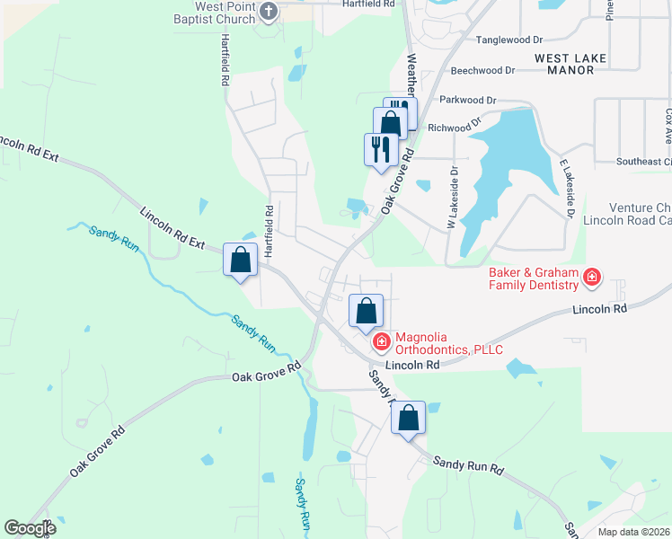 map of restaurants, bars, coffee shops, grocery stores, and more near 2771 Oak Grove Road in Hattiesburg