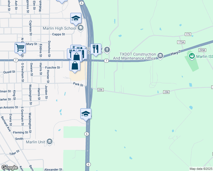 map of restaurants, bars, coffee shops, grocery stores, and more near 133 County Road 236 in Marlin
