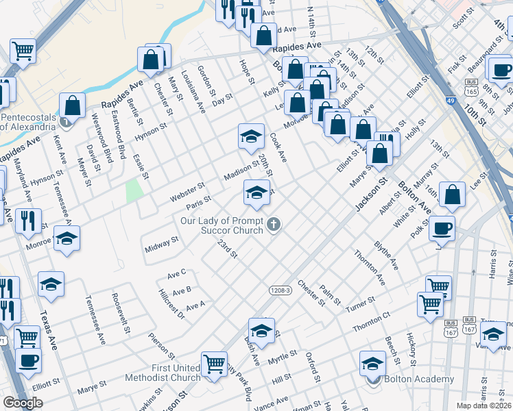 map of restaurants, bars, coffee shops, grocery stores, and more near 2104 Olive Street in Alexandria