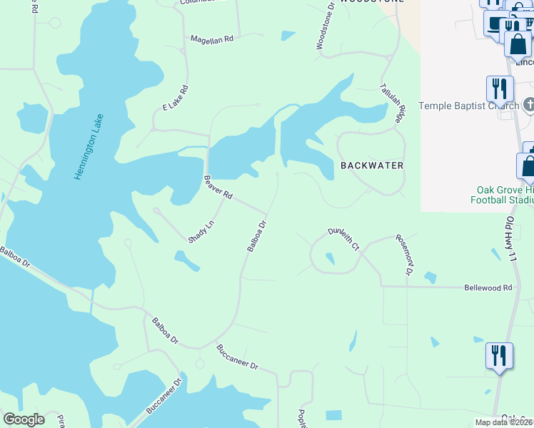 map of restaurants, bars, coffee shops, grocery stores, and more near 283 Balboa Drive in Hattiesburg