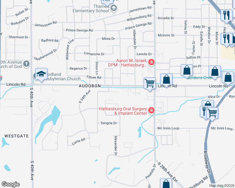 map of restaurants, bars, coffee shops, grocery stores, and more near 3009-3011 Raphael Drive in Hattiesburg