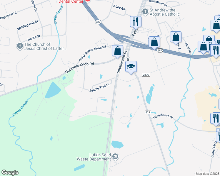 map of restaurants, bars, coffee shops, grocery stores, and more near 2406 Southwood Drive in Lufkin