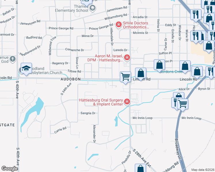 map of restaurants, bars, coffee shops, grocery stores, and more near 2820 Lincoln Road in Hattiesburg