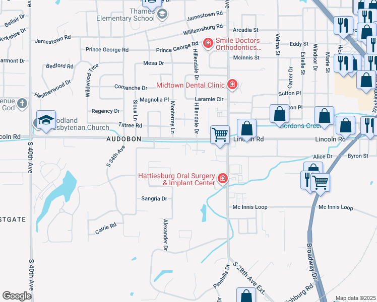 map of restaurants, bars, coffee shops, grocery stores, and more near 2900 Lincoln Road in Hattiesburg