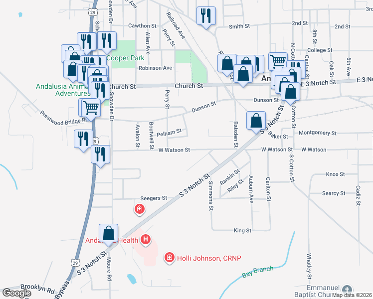 map of restaurants, bars, coffee shops, grocery stores, and more near 440 West Watson Street in Andalusia