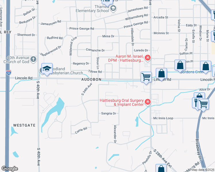map of restaurants, bars, coffee shops, grocery stores, and more near 3009-3011 Raphael Drive in Hattiesburg