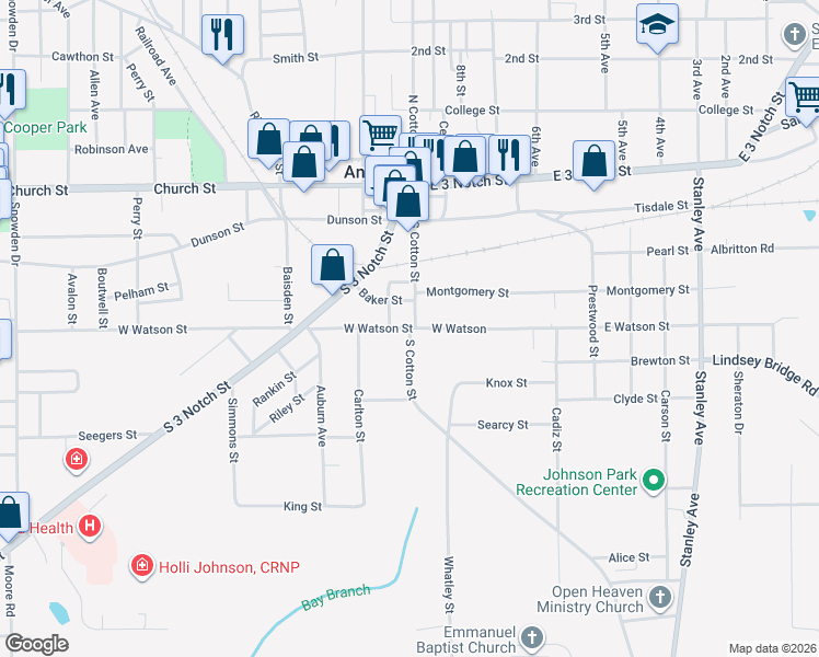 map of restaurants, bars, coffee shops, grocery stores, and more near 100 West Watson Street in Andalusia