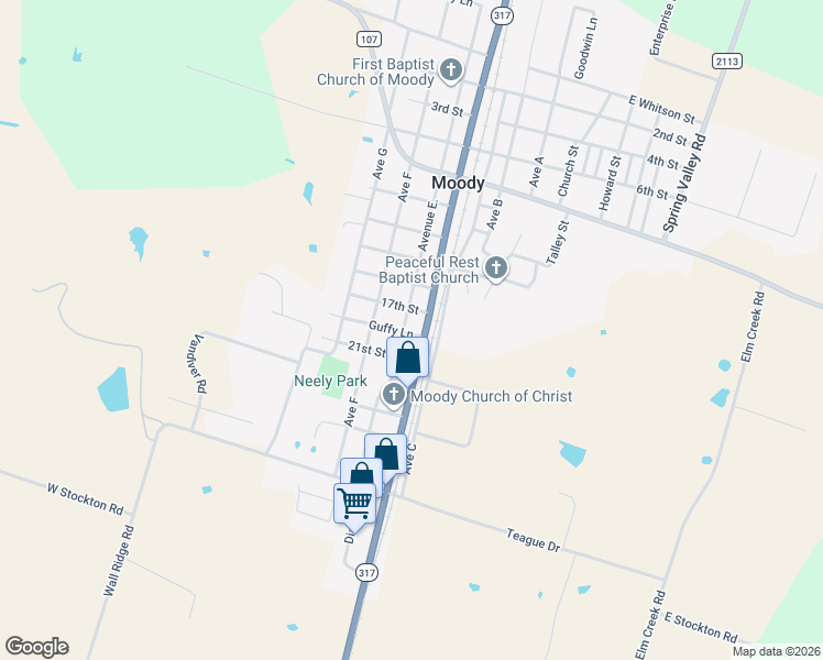 map of restaurants, bars, coffee shops, grocery stores, and more near 1107 Avenue East in Moody