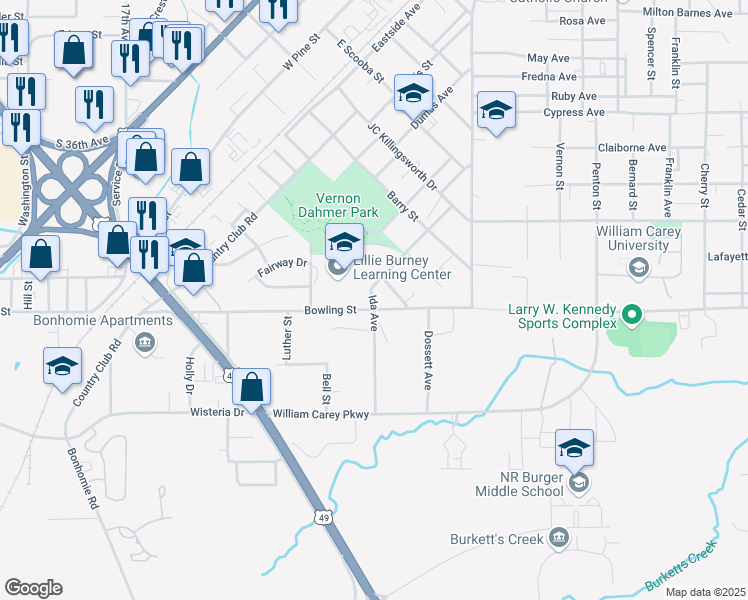 map of restaurants, bars, coffee shops, grocery stores, and more near 901 Ida Avenue in Hattiesburg