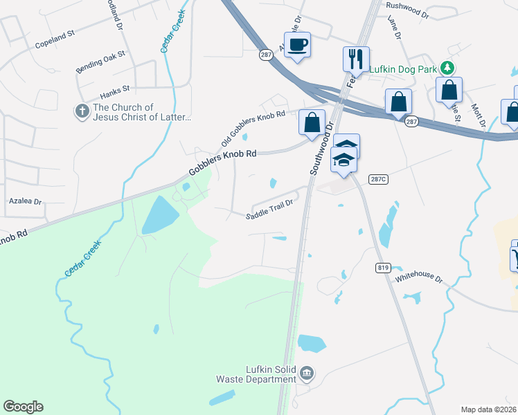 map of restaurants, bars, coffee shops, grocery stores, and more near 305 Saddle Brook Drive in Lufkin