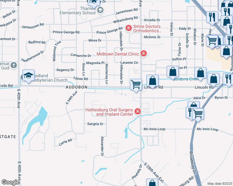 map of restaurants, bars, coffee shops, grocery stores, and more near 2820 Lincoln Road in Hattiesburg