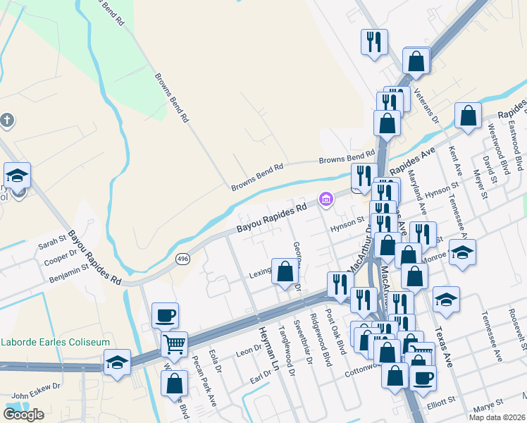 map of restaurants, bars, coffee shops, grocery stores, and more near 3814 Bayou Rapides Road in Alexandria