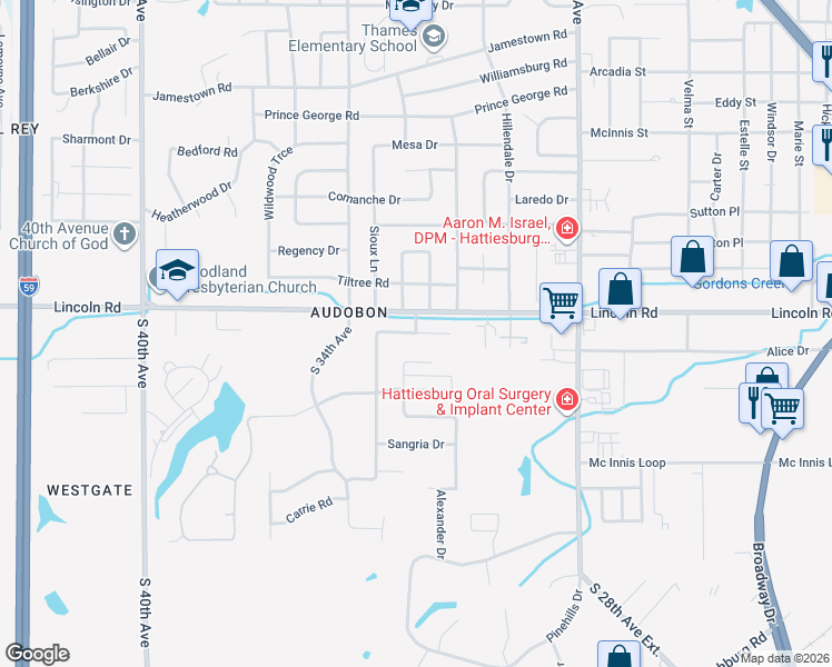 map of restaurants, bars, coffee shops, grocery stores, and more near 3011 Raphael Drive in Hattiesburg