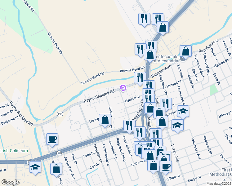 map of restaurants, bars, coffee shops, grocery stores, and more near 3611 Bayou Rapides Road in Alexandria