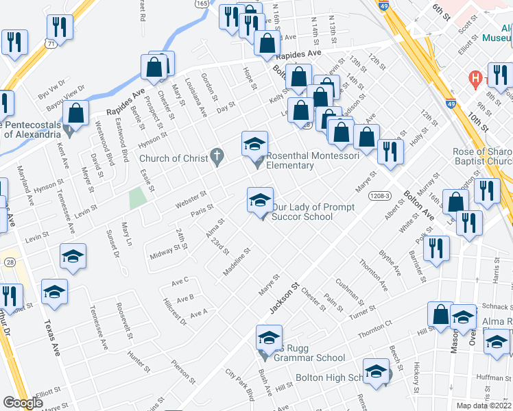 map of restaurants, bars, coffee shops, grocery stores, and more near 2104 Olive Street in Alexandria