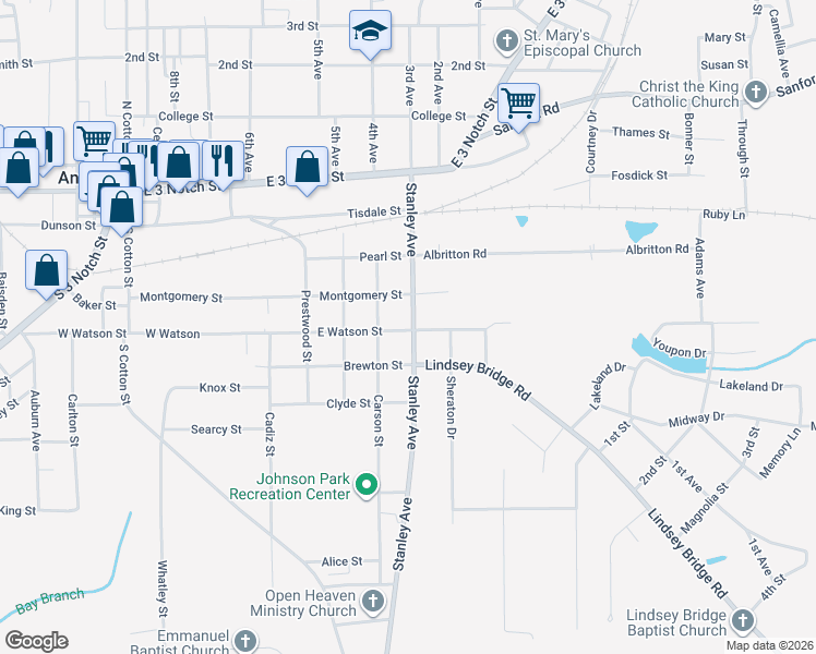 map of restaurants, bars, coffee shops, grocery stores, and more near 621 East Watson Street in Andalusia