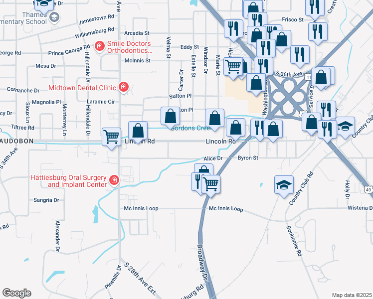 map of restaurants, bars, coffee shops, grocery stores, and more near 7 Alice Drive in Hattiesburg