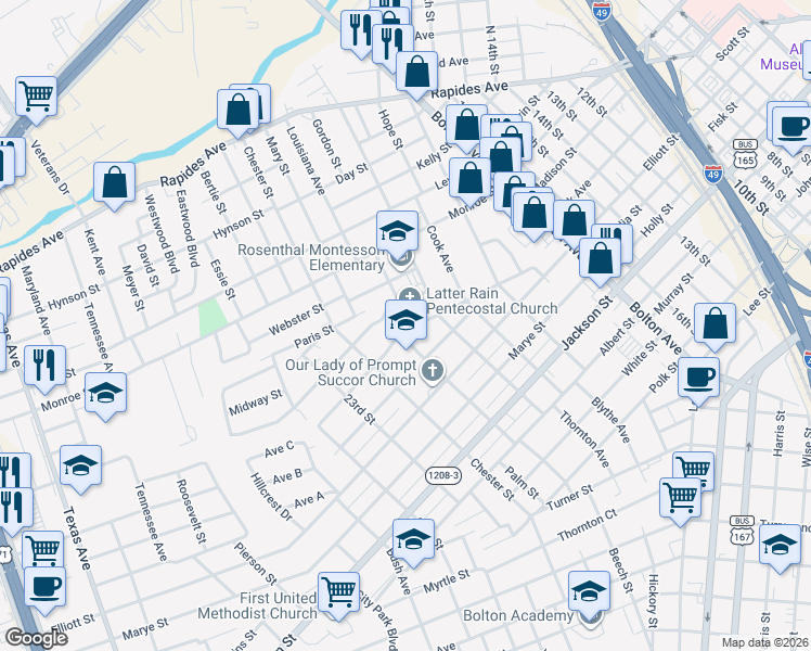 map of restaurants, bars, coffee shops, grocery stores, and more near 2104 Olive Street in Alexandria