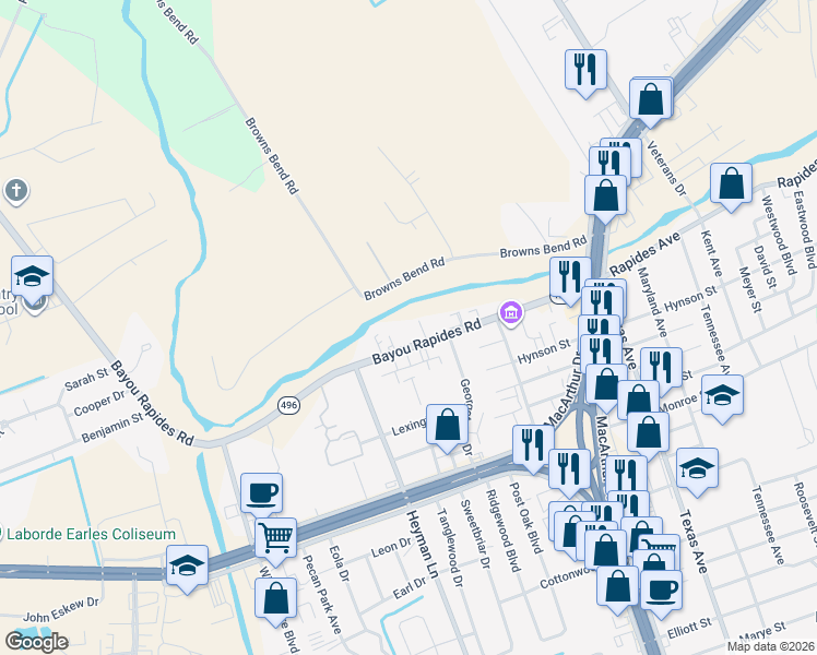 map of restaurants, bars, coffee shops, grocery stores, and more near 3814 Bayou Rapides Road in Alexandria