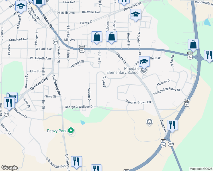 map of restaurants, bars, coffee shops, grocery stores, and more near 108 Eagle Circle in Enterprise