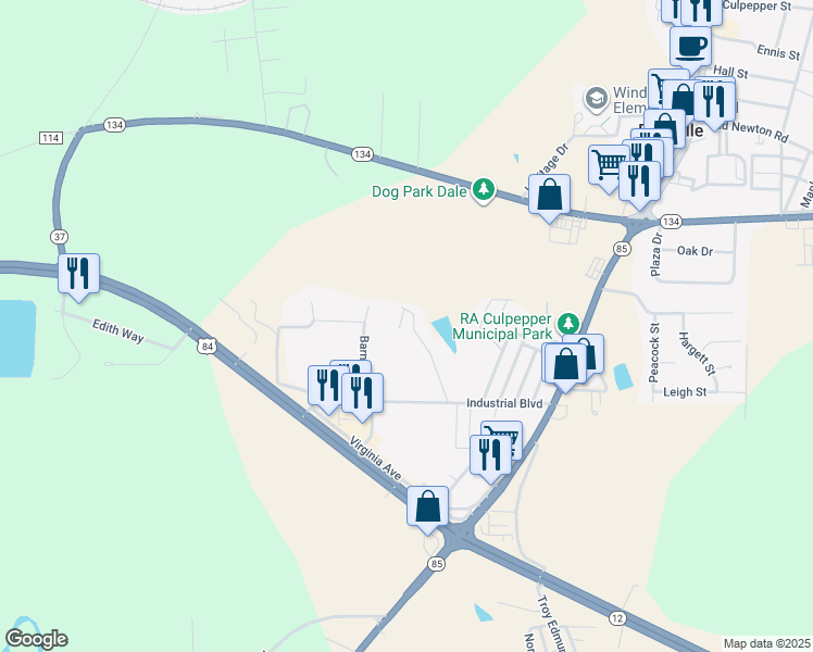 map of restaurants, bars, coffee shops, grocery stores, and more near 195 Lakeview Drive in Daleville