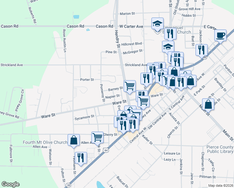 map of restaurants, bars, coffee shops, grocery stores, and more near 538 Napier Street in Blackshear