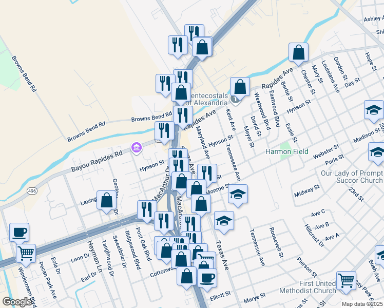 map of restaurants, bars, coffee shops, grocery stores, and more near 3223 Hynson Street in Alexandria