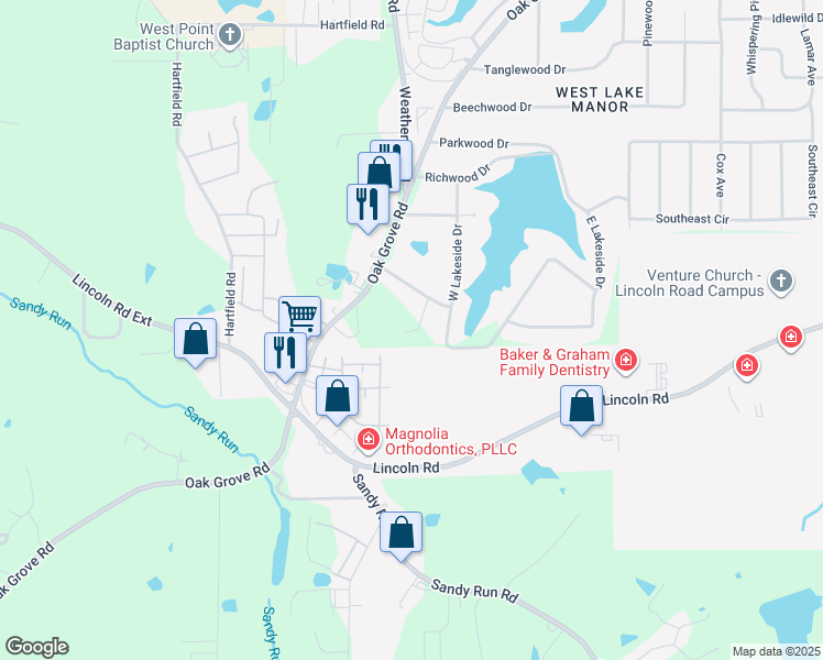map of restaurants, bars, coffee shops, grocery stores, and more near 107 Greenwood Drive in Hattiesburg