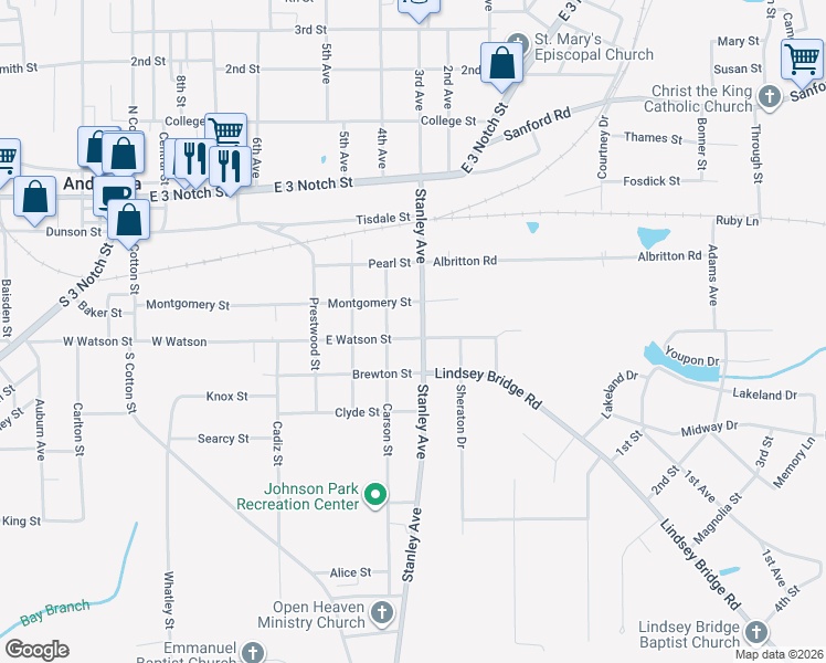 map of restaurants, bars, coffee shops, grocery stores, and more near 621 East Watson Street in Andalusia
