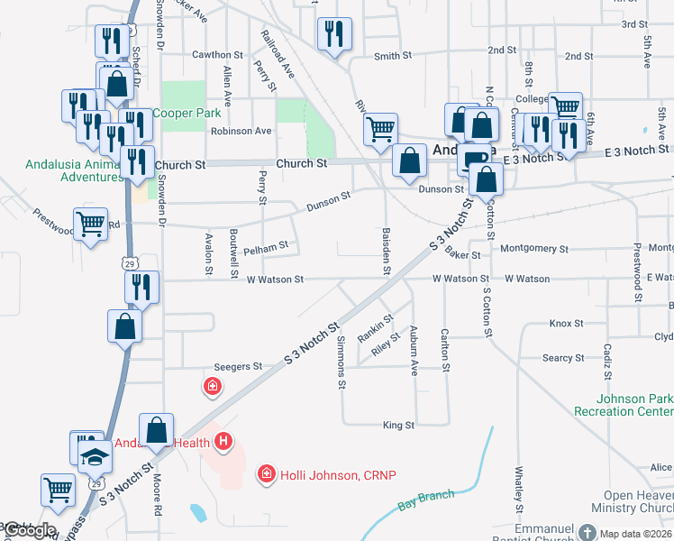 map of restaurants, bars, coffee shops, grocery stores, and more near 440-498 West Watson Street in Andalusia