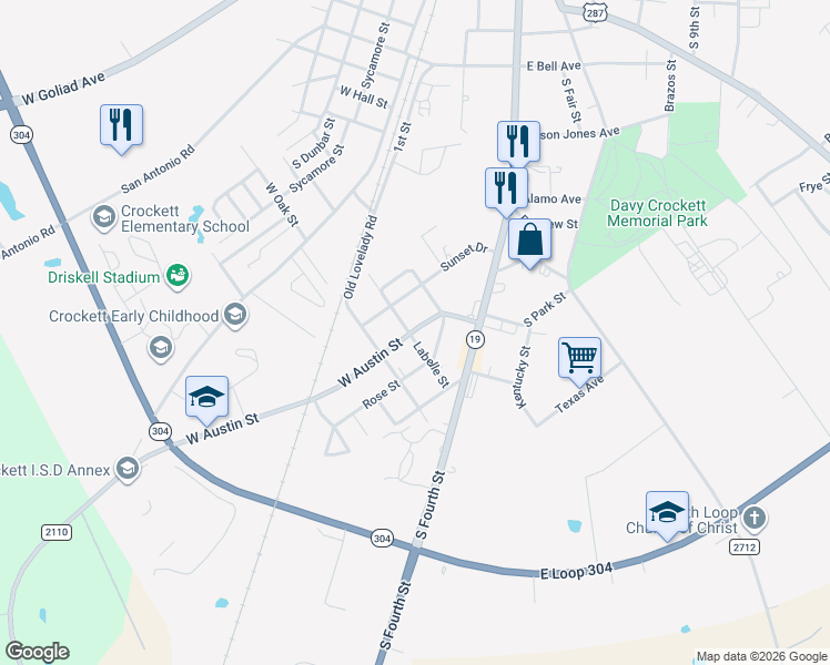 map of restaurants, bars, coffee shops, grocery stores, and more near 306 Rose Street in Crockett