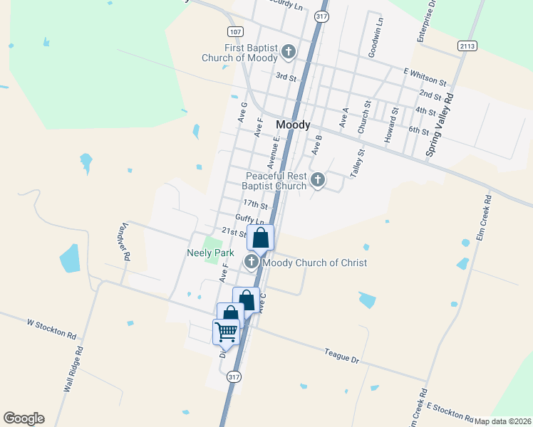 map of restaurants, bars, coffee shops, grocery stores, and more near 1107 Avenue East in Moody