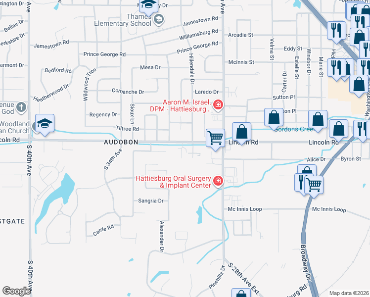 map of restaurants, bars, coffee shops, grocery stores, and more near 2820 Lincoln Road in Hattiesburg