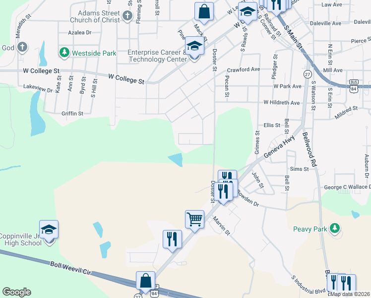 map of restaurants, bars, coffee shops, grocery stores, and more near 215 Chambers Street in Enterprise