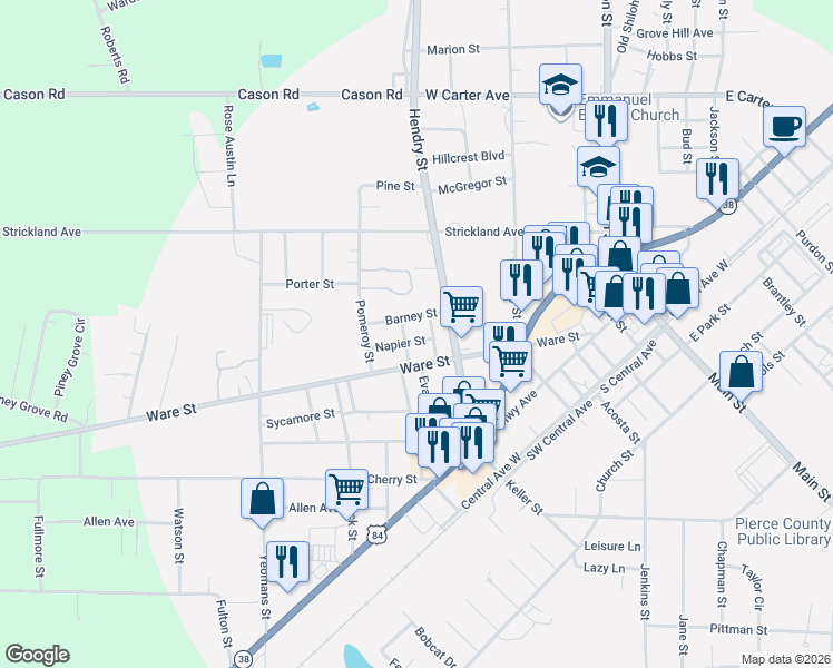 map of restaurants, bars, coffee shops, grocery stores, and more near 538 Napier Street in Blackshear