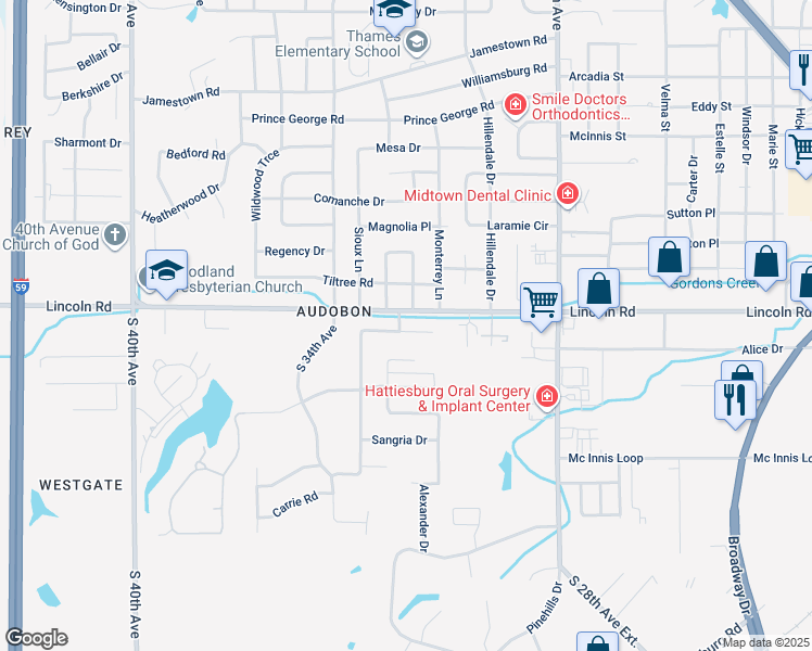 map of restaurants, bars, coffee shops, grocery stores, and more near 3011 Raphael Drive in Hattiesburg