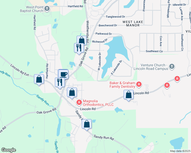 map of restaurants, bars, coffee shops, grocery stores, and more near 122 West Lakeside Drive in Hattiesburg