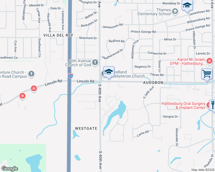 map of restaurants, bars, coffee shops, grocery stores, and more near 1001 S 40th St in Hattiesburg