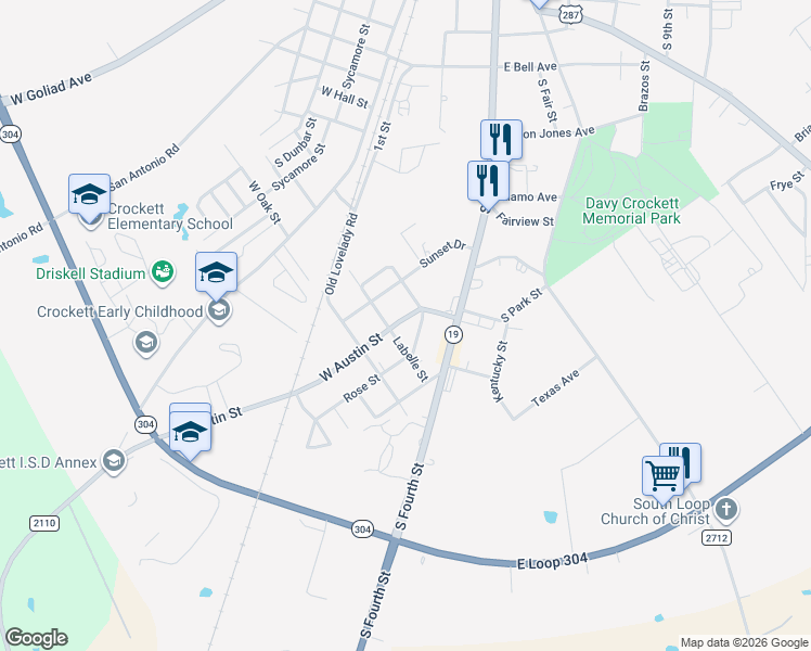 map of restaurants, bars, coffee shops, grocery stores, and more near 306 Rose Street in Crockett