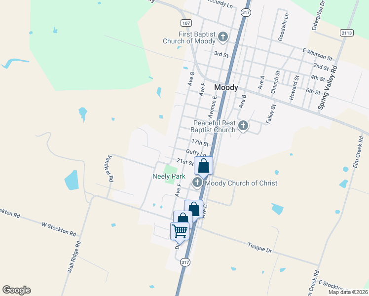 map of restaurants, bars, coffee shops, grocery stores, and more near 1100 Avenue F in Moody