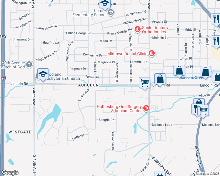 map of restaurants, bars, coffee shops, grocery stores, and more near 3009-3011 Raphael Drive in Hattiesburg