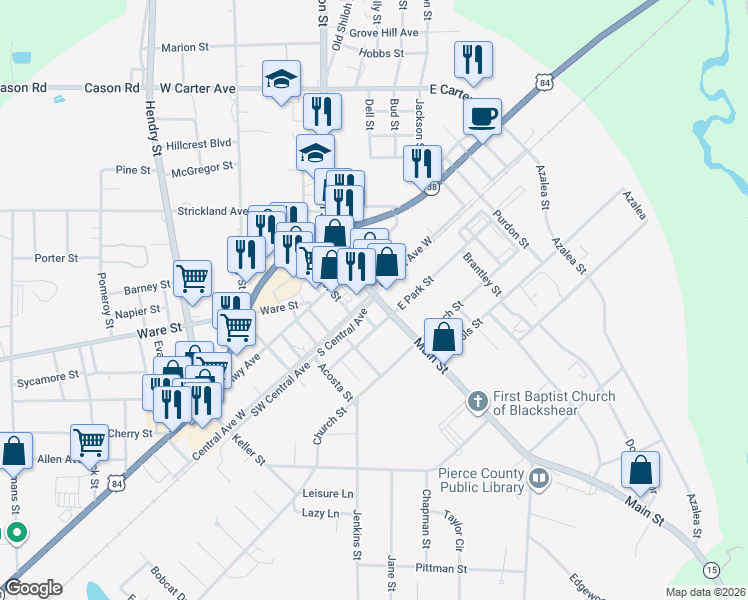 map of restaurants, bars, coffee shops, grocery stores, and more near Central Avenue East in Blackshear